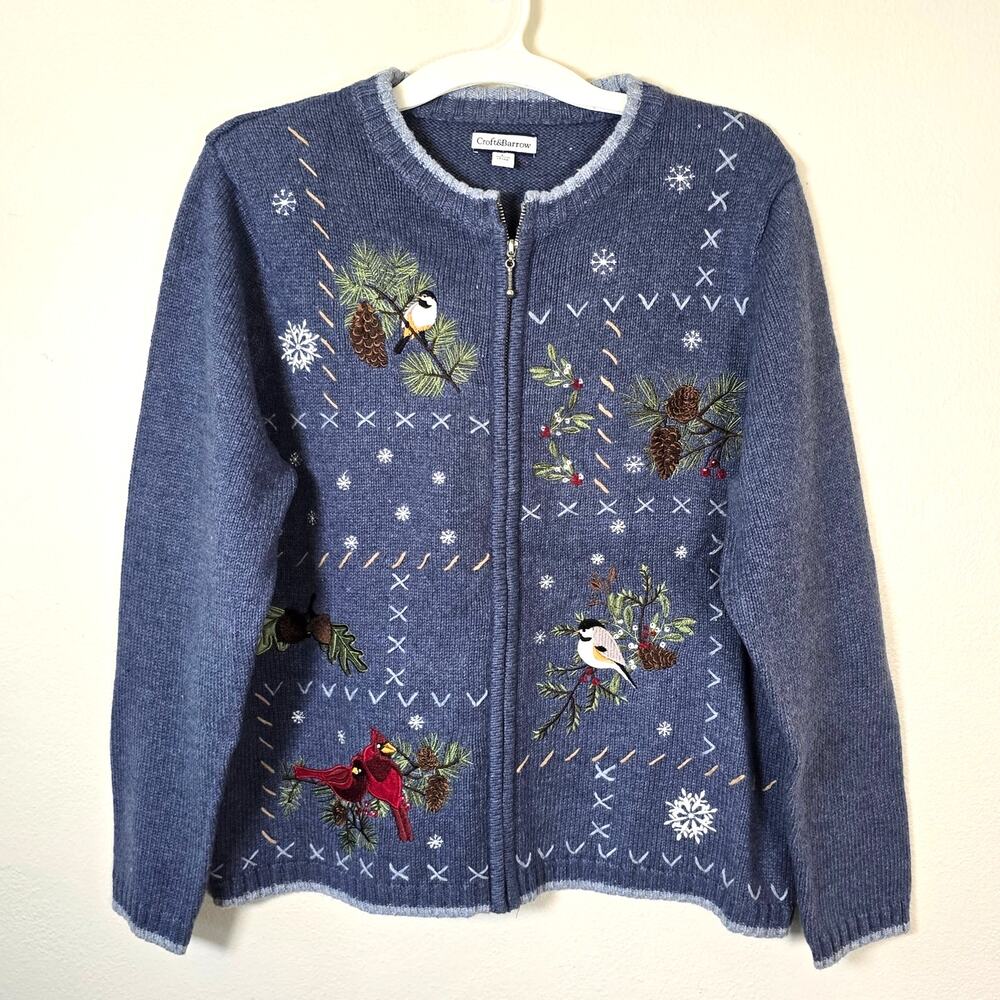 Croft & Barrow Sweater Jacket Womens L Blue Silk Blend Winter Birds Embroidered